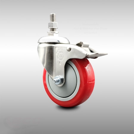 Service Caster 4 Inch 316SS Red Polyurethane Swivel 1/2 Inch Stem Caster Total Lock Brake SCC SCC-SS316TSTTL20S414-PPUB-RED-121315